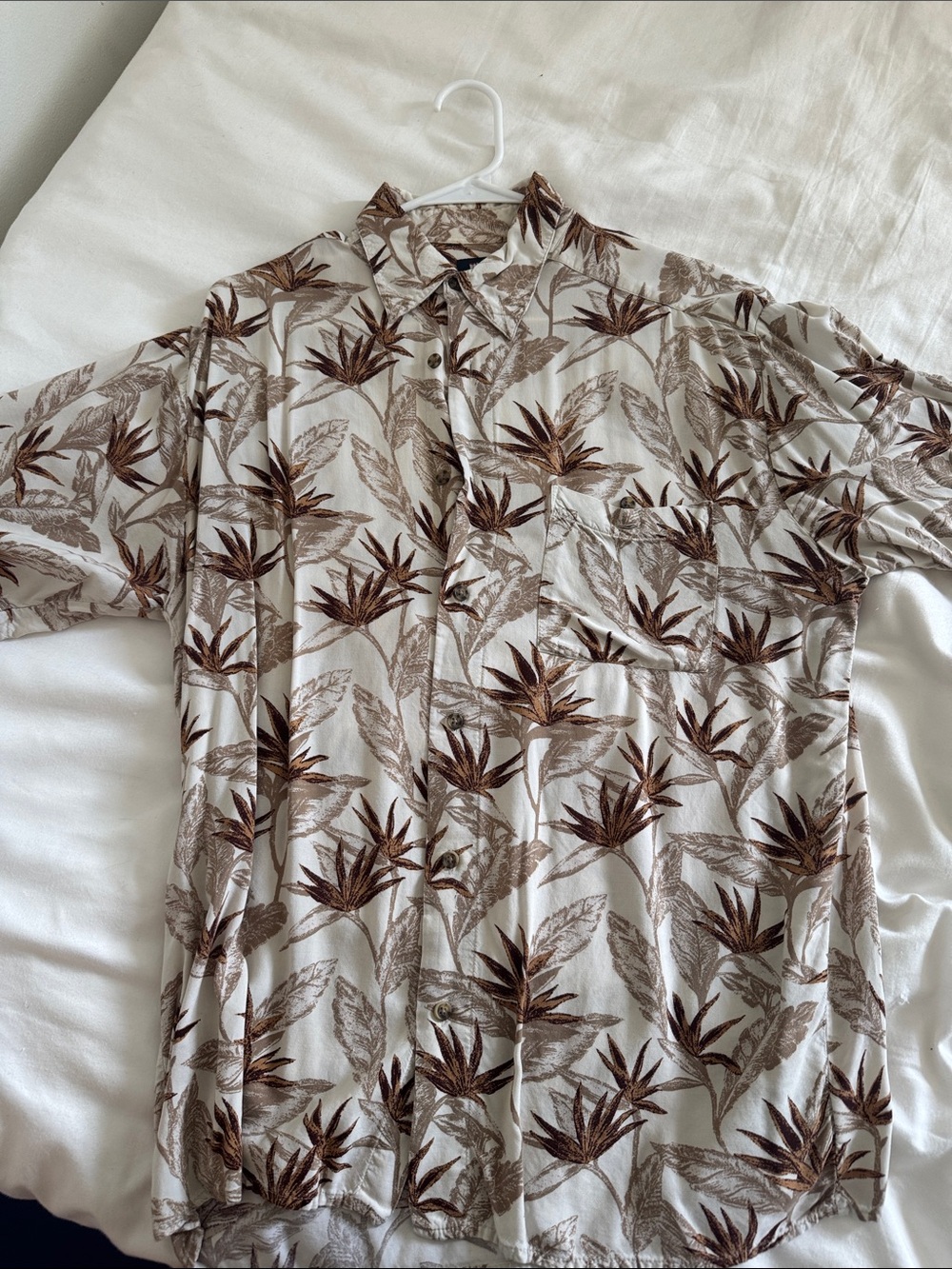 Men's Short-Sleeve Tropical Print Hawaiian Shirt - Brown Leaf on Cream